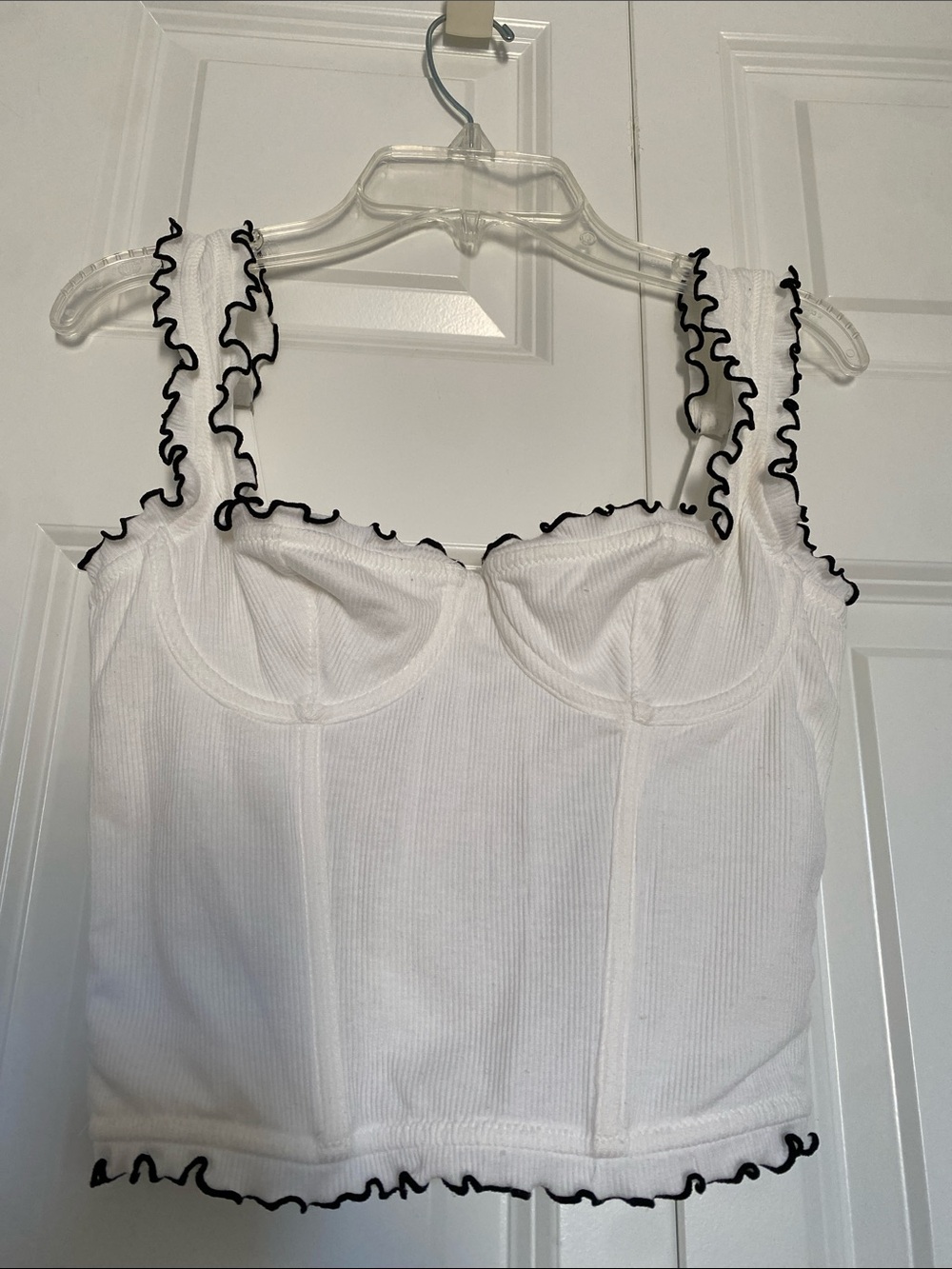 Urban Outfitters White Ribbed Bustier Camisole with Black Ruffle Trim